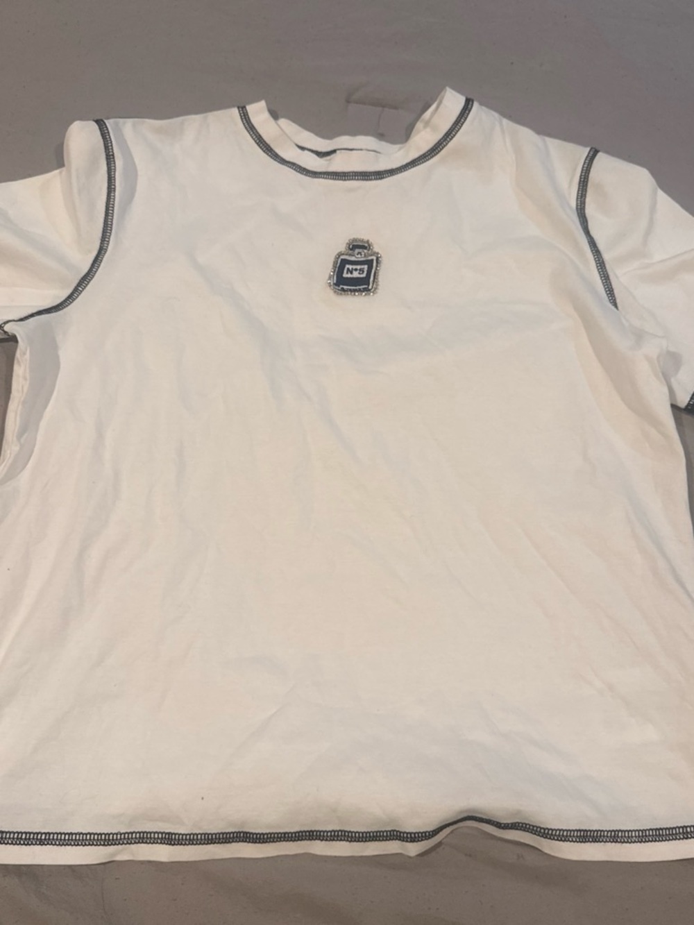 CHANEL White Tee with Navy Stitching and Logo Tag